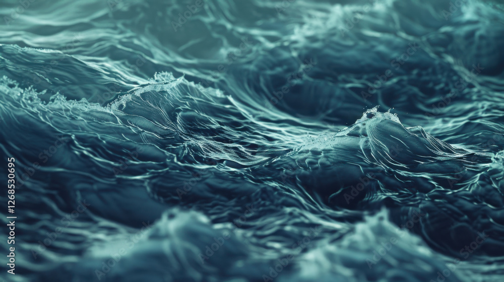 Poster close up view of turbulent ocean waves, showcasing intricate patterns and textures in deep blue and 