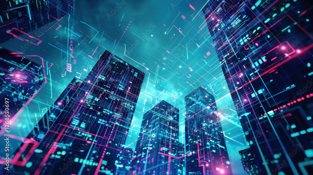 Poster futuristic cityscape with glowing skyscrapers and digital data streams, creating vibrant and dynamic