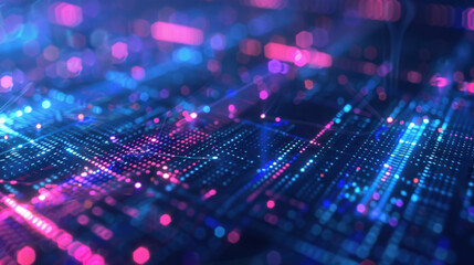 Vibrant digital abstract background with glowing blue and pink lights, representing technology and data visualization. intricate patterns evoke sense of innovation and connectivity