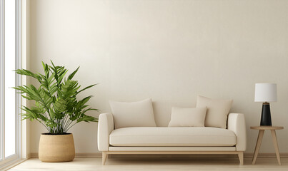 A serene, minimalist living room featuring a light sofa, potted plant, stylish lamp, and neutral walls, creating a calm and inviting atmosphere.