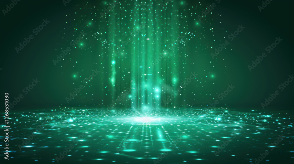Poster mesmerizing green light display with sparkling particles and beams, creating dynamic and vibrant atm