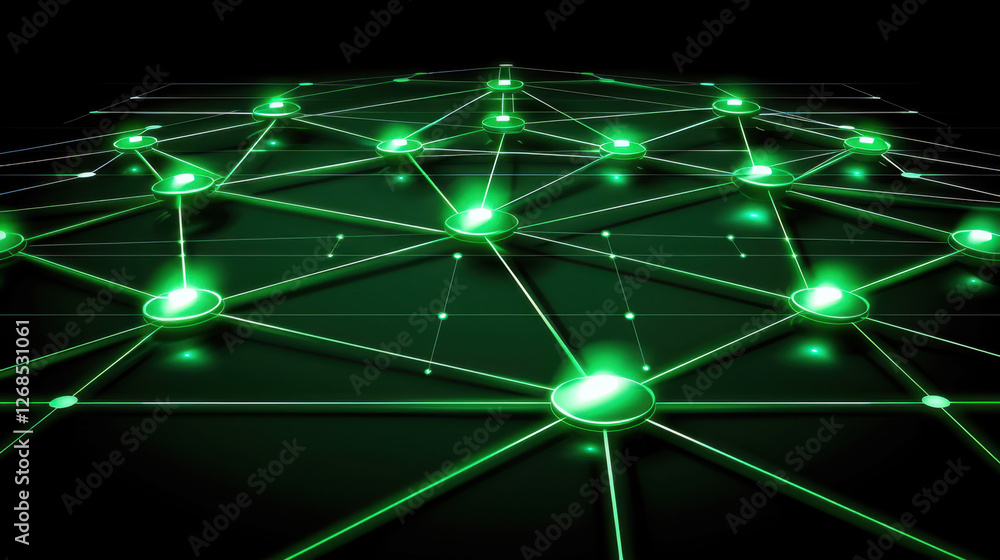 Poster digital network with glowing green nodes and lines, representing connectivity and technology. design