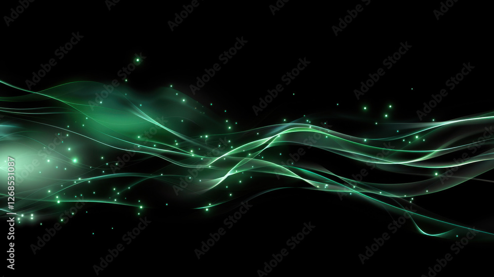 Poster elegant green abstract waves with glowing particles on black background create mesmerizing visual ef