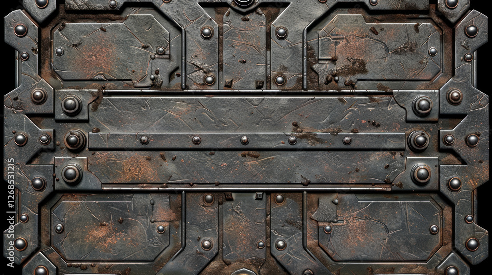Aufkleber textured metal surface with rust and rivets, showcasing industrial design elements. weathered appear
