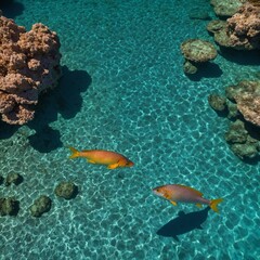 Obraz premium A tranquil tropical lagoon with turquoise waters and colorful fish swimming.