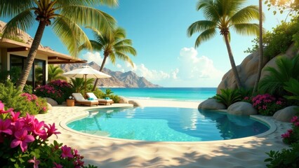 Fototapeta premium Oceanfront Villa Paradise Tranquil Poolside Retreat with Lush Tropical Landscaping and Breathtaking Coastal Views