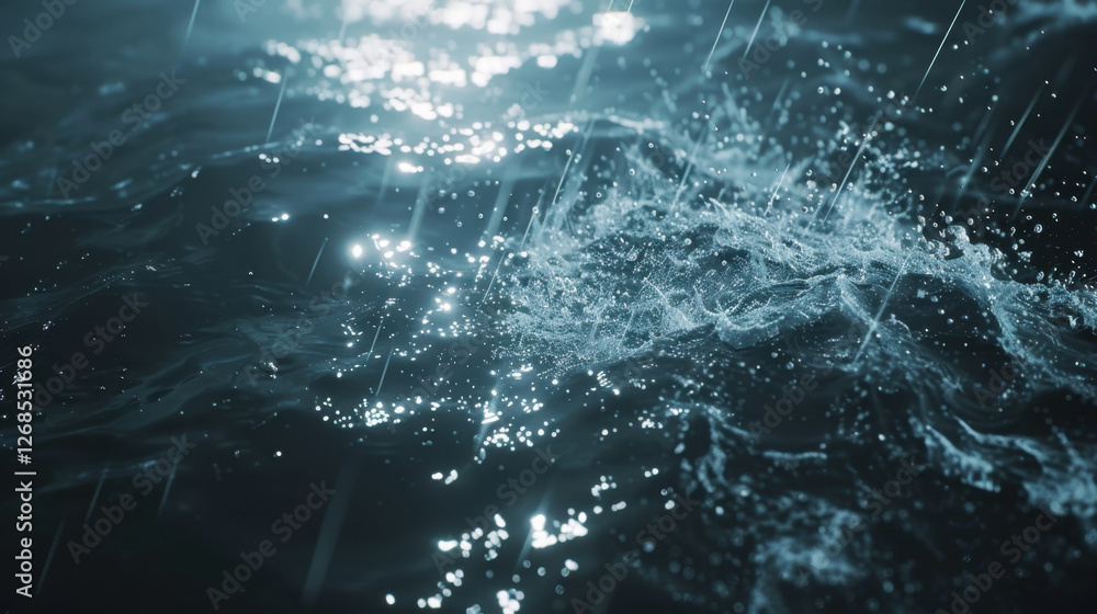 Poster close up of water surface with raindrops creating ripples and reflections. shimmering effect adds se