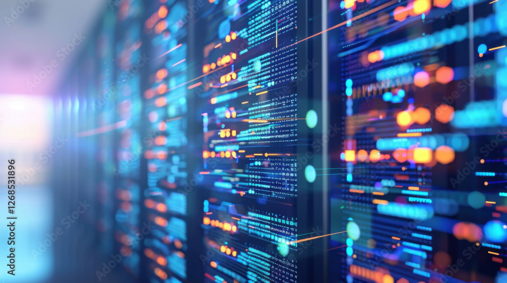 Poster digital data flow in server room with vibrant lights and patterns, showcasing technology and connect