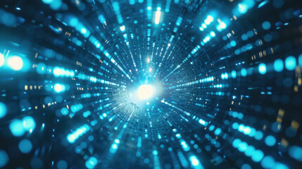 Fototapeta premium vibrant tunnel of blue light and digital particles creates mesmerizing effect, evoking sense of speed and depth in futuristic environment
