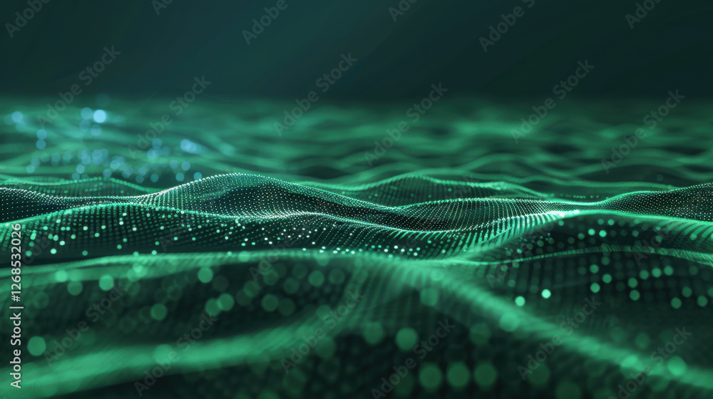 Poster digital waves create mesmerizing green landscape, showcasing depth and movement in futuristic style.