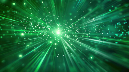 Bright green light beams radiate outward, creating dynamic and energetic atmosphere filled with sparkling particles. This vibrant visual evokes sense of movement and excitement
