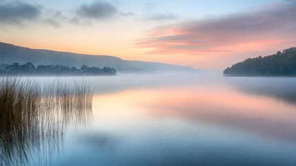 Fototapeta premium A tranquil lake at sunrise, with mist rising from the water and the sky painted in soft pink and orange hues