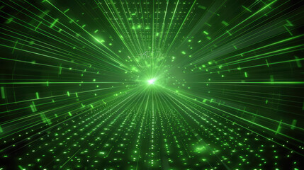 Vibrant green light beams radiate from central point, creating dynamic digital landscape. scene evokes sense of depth and movement, perfect for technology themes