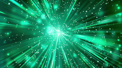 Bright green light beams radiate outward, creating dynamic and vibrant background filled with sparkling particles. This energetic design evokes sense of movement and excitement