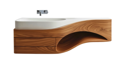  A modern wall-mounted basin with integrated wooden storage drawers.