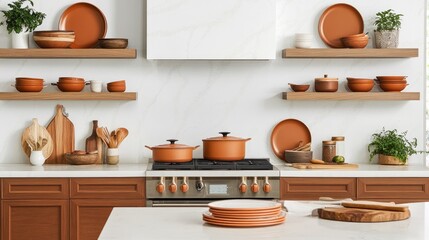 A spacious kitchen with organized cabinets holding pots, pans, and other cooking essentials