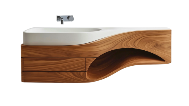  A modern wall-mounted basin with integrated wooden storage drawers.