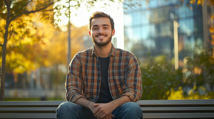Happy Young Man in Autumn City Park – Warm and Natural Smile