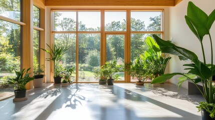 Bright and Airy Indoor Room with Large Windows and Lush Green Plants in Modern Design