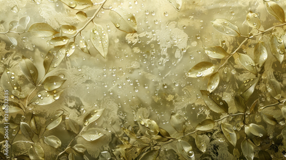 Poster elegant golden leaves with water droplets on textured background create serene and refreshing atmosp