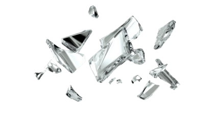 Shattered glass shards exploding on transparent background
