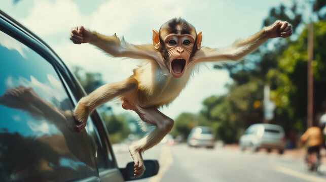 A monkey jumps off a car onto the road with an expression of surprise