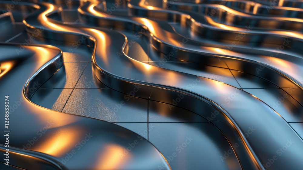 Poster sleek metallic waves create mesmerizing pattern with reflective surfaces and warm lighting, showcasi