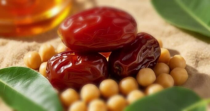 Motion shot of dates fruit, honey, bidara leaves, chickpeas, Arabian fruits, sand dune, desert, Eid Mubarak, Ramadan