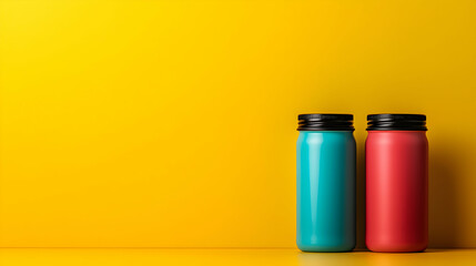 Teal and Pink Bottles on Yellow Background