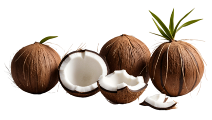 Collection of coconuts in various forms, featuring whole, split, and exposed interiors, perfect for natural and organic tropical themes