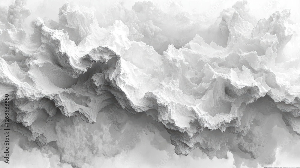 Poster abstract monochromatic texture resembling clouds or waves in grayscale.