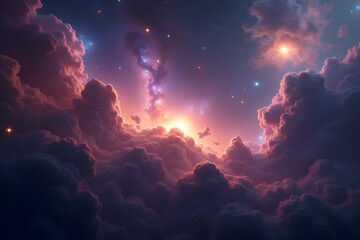 A deep-space nebula with vibrant, swirling colors and glowing celestial bodies.