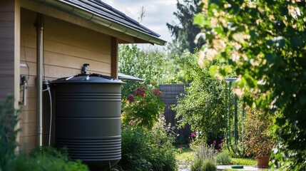 Rainwater Harvesting System Attached to Modern Home Surrounded by Greenery and Nature
