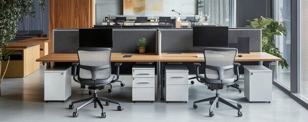 Modern office workstations, open plan layout, natural light, background blurred