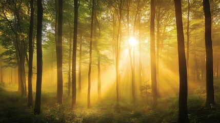 Obraz premium Golden Sunlight Illuminates Misty Forest Trees