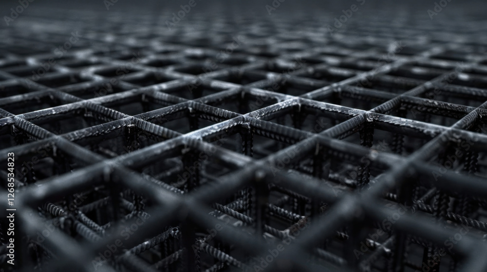 Poster close up view of complex grid structure made of metal, showcasing intricate patterns and textures. d
