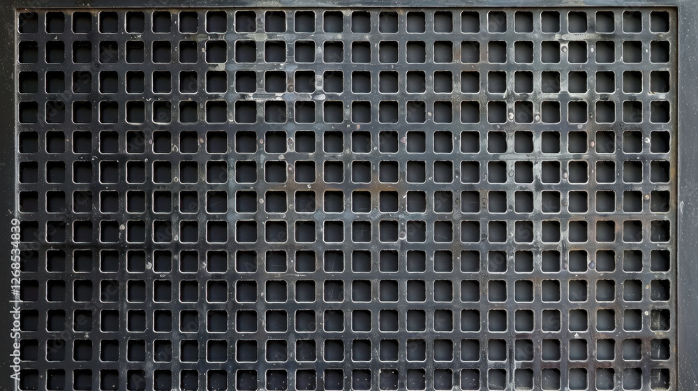 Poster textured metal grid with square openings, showcasing dark industrial design. pattern creates sense o