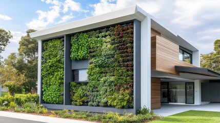 Modern Sustainable Home with Vertical Garden and Lush Greenery on Exterior Facade