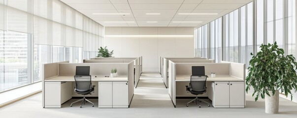 Modern office cubicles, city view, sunlit, minimalist design