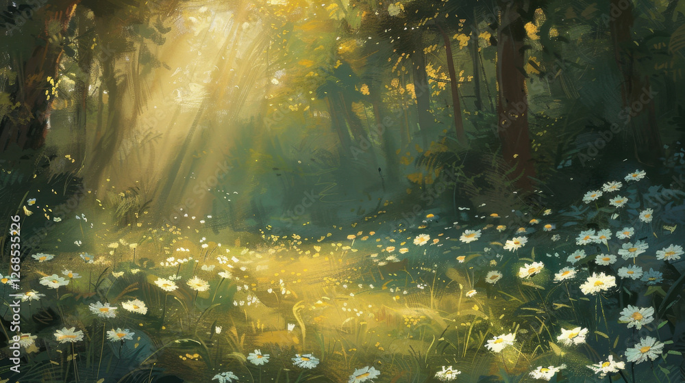 Poster serene forest scene with sunlight filtering through trees, illuminating meadow of daisies. atmosphere is tranquil and inviting, perfect for nature lovers