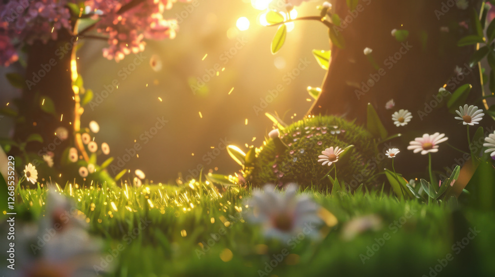 Poster serene spring landscape featuring blooming flowers, soft sunlight, and lush greenery. scene captures beauty of nature with vibrant colors and peaceful atmosphere