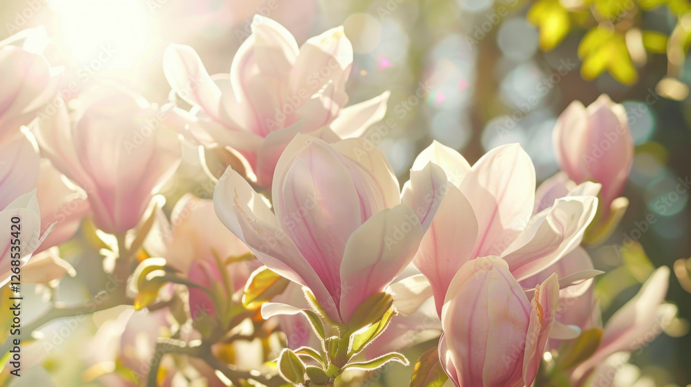 Poster Magnolia flowers bloom in soft pink hues, illuminated by sunlight, creating serene and tranquil atmosphere. delicate petals and vibrant colors evoke sense of peace and beauty