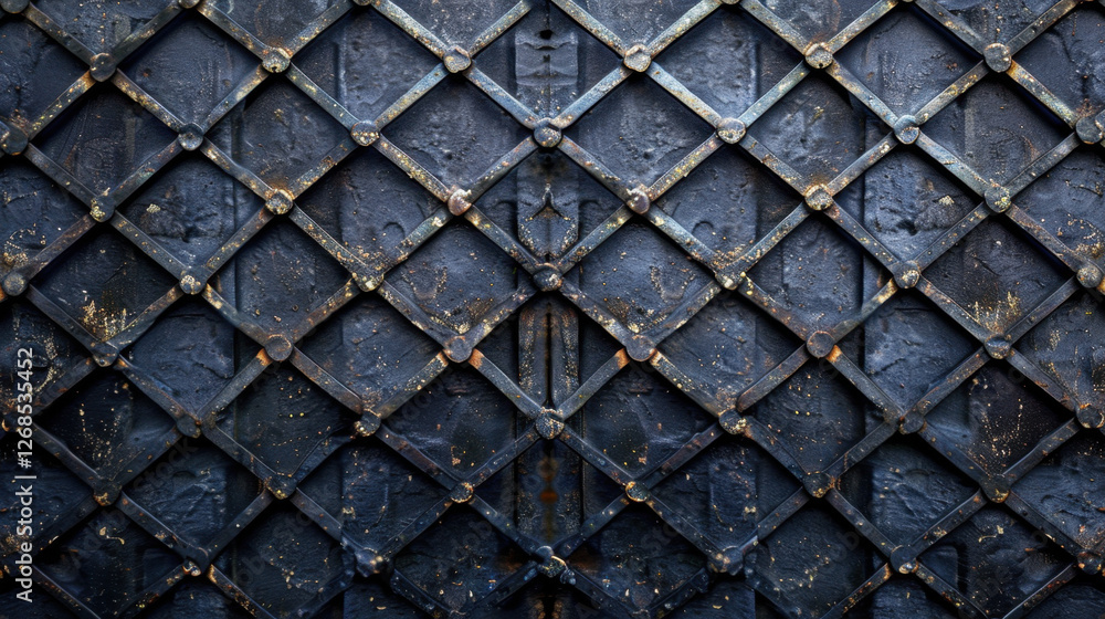 Poster rustic metal gate with diamond pattern and weathered texture, showcasing intricate details and vinta