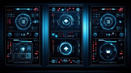 Fototapeta premium Futuristic User Interface Triple Monitor Control Panel with Uploading Data