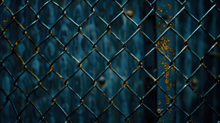 Fototapeta premium Rusty chain link fence with blue background, showcasing texture and depth. weathered metal adds sense of age and character to scene