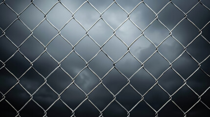 Fototapeta premium close up view of chain link fence against dark, cloudy sky, creating moody atmosphere. intricate pattern of fence contrasts with ominous clouds above