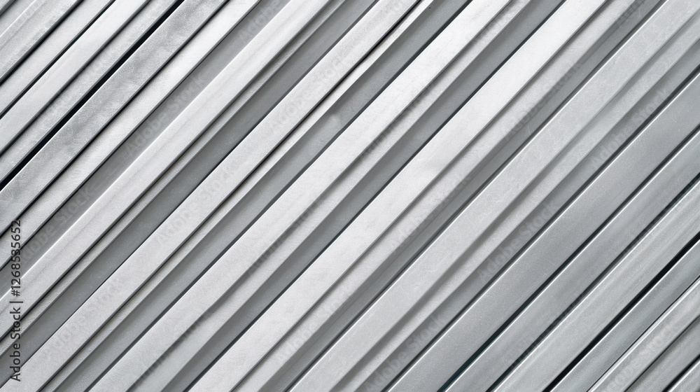Poster metal strips arranged diagonally create sleek, modern pattern. shiny surface reflects light, adding 