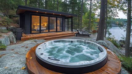 Fototapeta premium Modern Cabin with Hot Tub Nestled in Scenic Mountain Landscape Surrounded by Nature