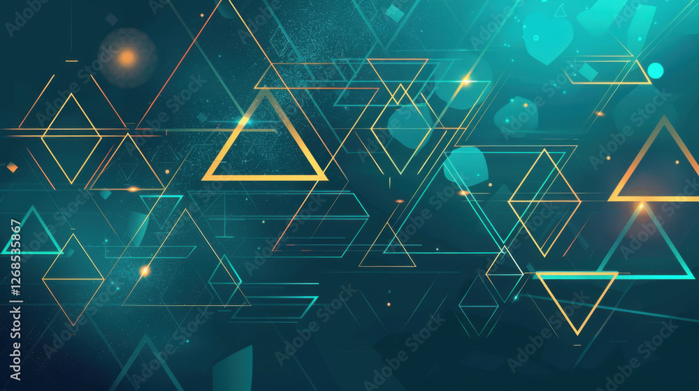 Poster geometric shapes in teal and gold create modern abstract background. design features overlapping tri