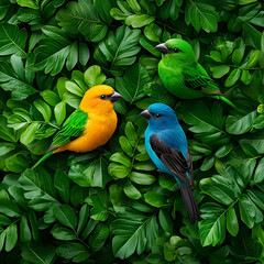 Fototapeta premium Three Colorful Birds Perched on Lush Green Foliage